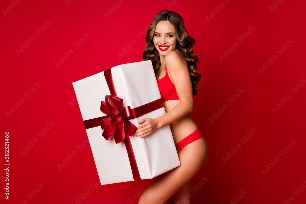 Portrait of her she nice-looking attractive glamorous gorgeous cheerful wavy-haired girl holding in hand large big giftbox celebrating isolated on bright vivid shine vibrant red color background Portrait of her she nice-looking attractive glamorous gorgeous cheerful wavy-haired girl holding in hand large big giftbox celebrating isolated on bright vivid shine vibrant red color background