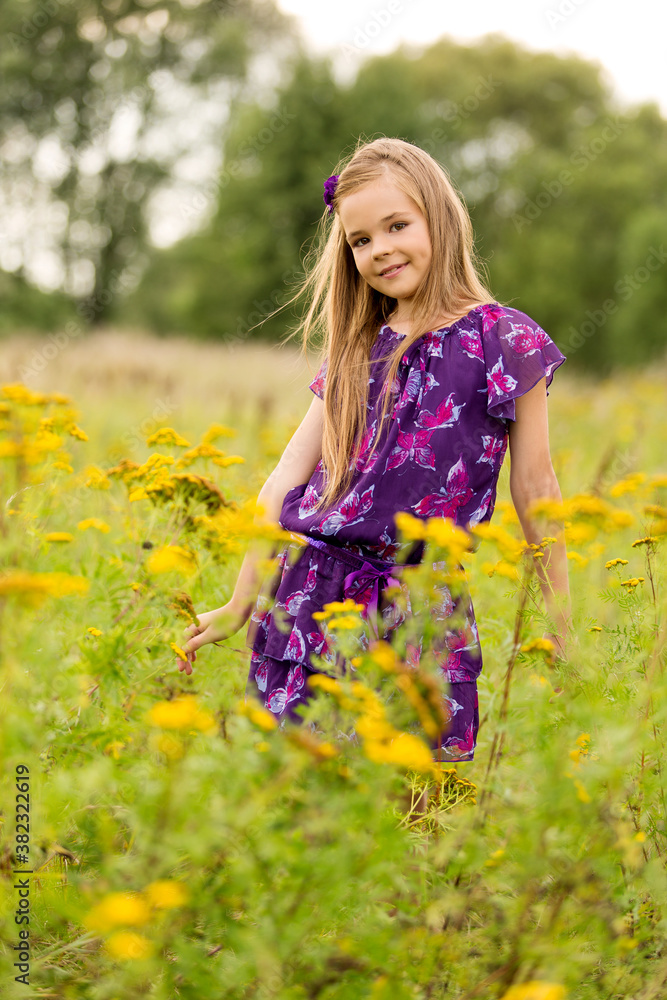Beautiful blonde girl child in a bright dress outdoors in the tall grass Beautiful blonde girl child in a bright dress outdoors in the tall grass