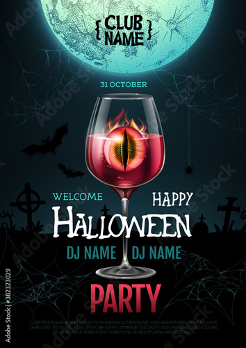 Halloween cocktail disco party poster with realistic transparent cocktail glass and burning eye inside.