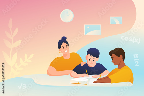 Nanny with children doing math lessons. Modern flat illustration, educational concept. Home schooling. Boys write on pieces of paper.