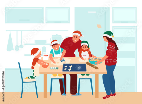 Family In Santa Hats Making Christmas Cookies