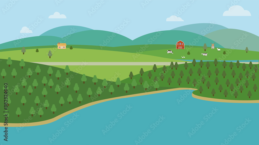 Countryside nature landscape with farm.Vector illustration.Natural scene with hills trees river road  mountain cloud and sky.Farmland with animal and forest.Ecology spring land concept