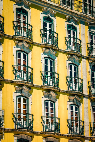 View of the facade of a building in the downtown of Lisbon in Portugal 