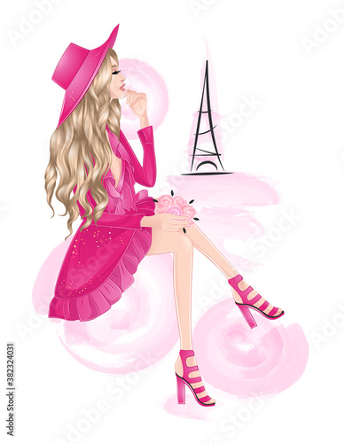 beautiful blond girl in hat on eiffel background