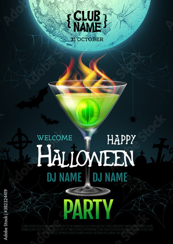 Halloween cocktail disco party poster with realistic transparent cocktail glass and burning eye inside.