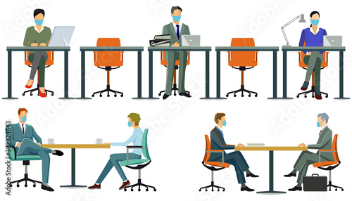 Menschen am Arbeitsplatz mit Prävention von Coronavirus, Vektor illustration