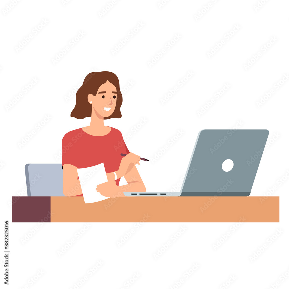 Work at home concept design. Freelance woman working on laptop at her house, dressed in home clothes. Vector illustration isolated on white background. Online study, education. Work at home concept design. Freelance woman working on laptop at her house, dressed in home clothes. Vector illustration isolated on white background. Online study, education.