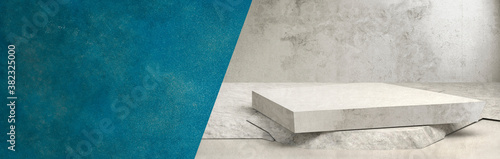 Banner with a podium made of concrete slabs for the product presentation on the right and a blue background for the text on the left side. 3D Render