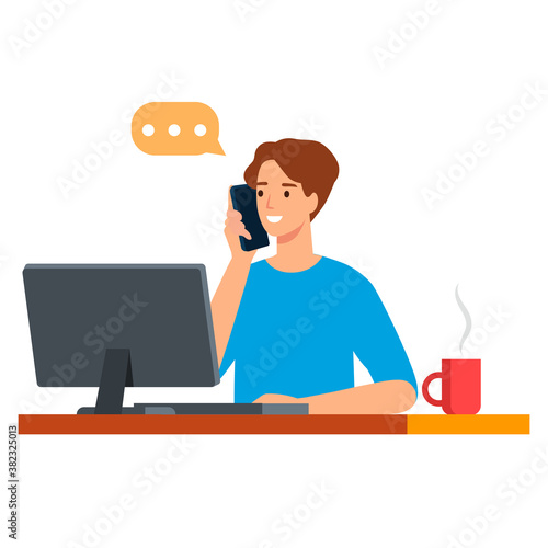 businessman sitting at workplace desk front view business man using computer while talking on landline phone working process concept creative office interior flat horizontal