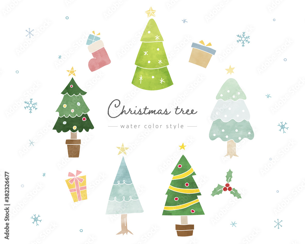 クリスマスツリーとプレゼントの手描きイラストのセット かわいい 雪の結晶 冬 12月 Stock Vector Adobe Stock