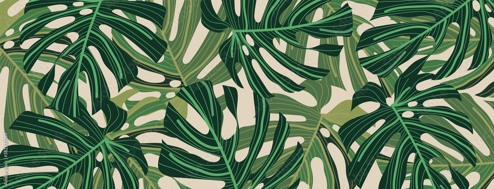 Green Tropical leaves wallpaper. Nature background vector. Floral pattern  with golden split-leaf Philodendron plant with monstera plant line art on  white background. Vector illustration. Stock Vector | Adobe Stock