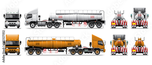 VECTOR EPS10 - semi-trailer tanker truck template with text " danger acid " on tank, white and orange color type,
isolate on white background.