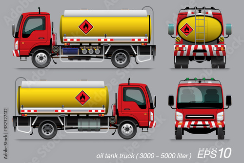 VECTOR EPS10 - oil tank truck 6 wheel template red cab yellow tank with flammable sign isolated on grey background.