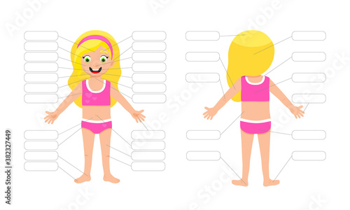 My body poster. Cute kid girl shows his body parts medical anatomy chart placard or poster flat style cartoon vector illustration isolated on white background.