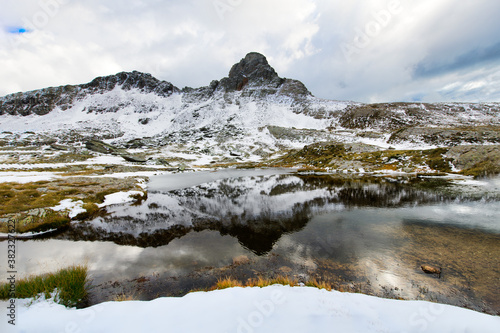 Idyllic mountain lake with reflection of the top with the first autumn snow
