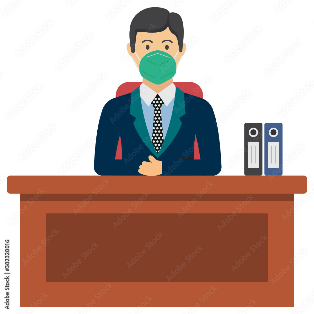Business man wearing coronavirus protective gear while working at his office desk Vector stock illustration Design, New normal Business people on white background Business man wearing coronavirus protective gear while working at his office desk Vector stock illustration Design, New normal Business people on white background
