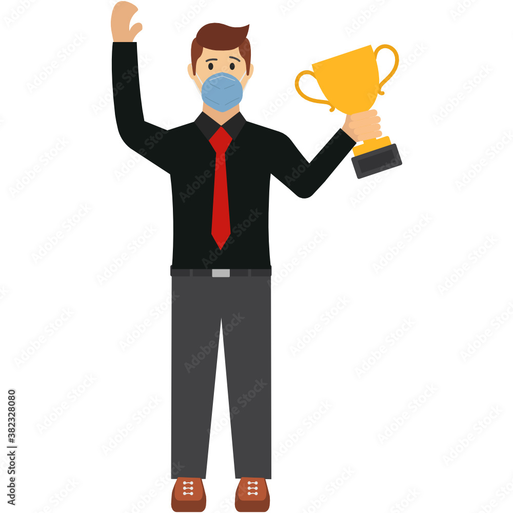 Young businessman wearing coronavirus prevention face mask and holding trophy Gesturing as Winner Vector Illustration Design, New normal life Business People on white background, Boss is Standing Young businessman wearing coronavirus prevention face mask and holding trophy Gesturing as Winner Vector Illustration Design, New normal life Business People on white background, Boss is Standing