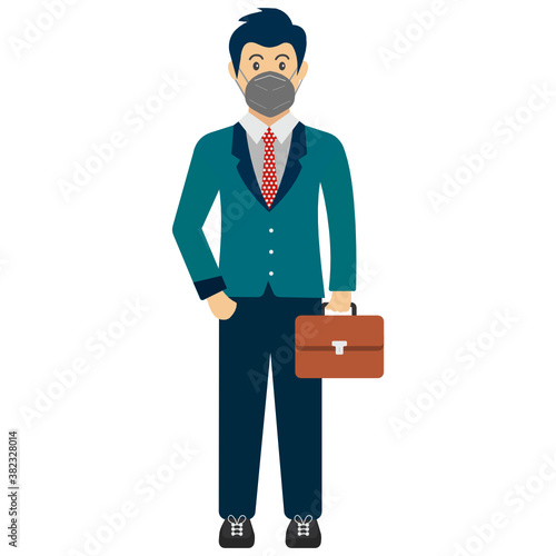 Business man holding brief case and wearing coronavirus protection surgical face Mask Vector Illustration Design, New normal Business people on white background 