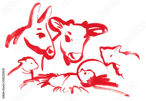 Obraz na płótnie Christian Christmas card Jesus Christ child in manger and nativity scene among animals