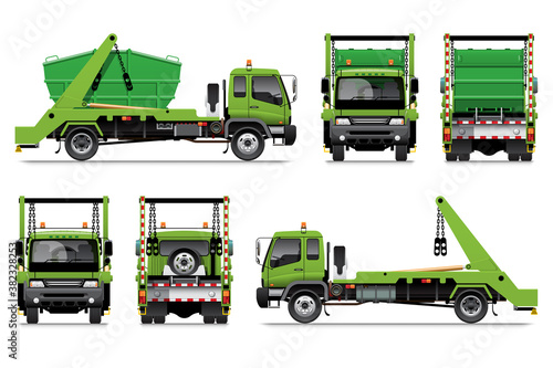 VECTOR EPS10 - lugger truck template, swing arm garbage, waste disposal vehicle, isolated on white background.