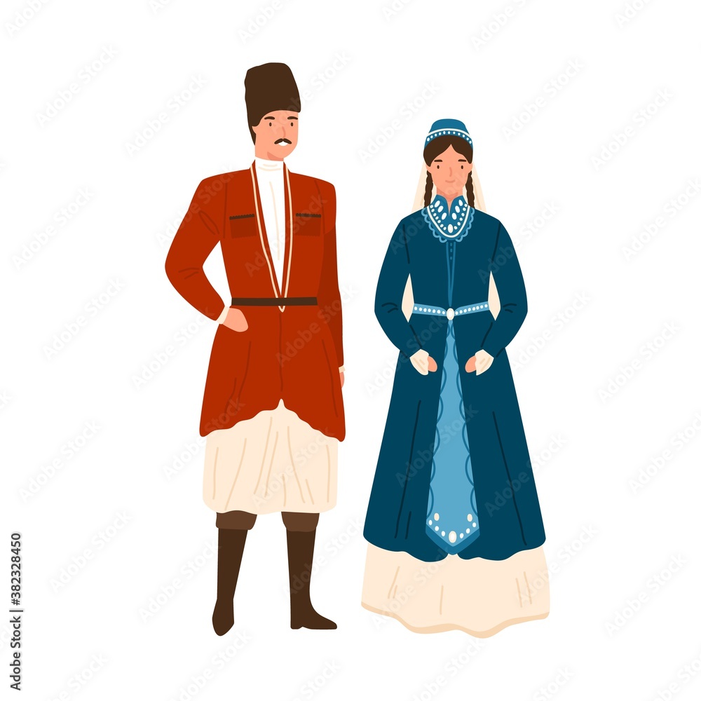 Caucasian couple in traditional apparel vector flat illustration. Georgian man and woman in national headdress and clothes isolated on white. People wearing folk garment decorated with design element