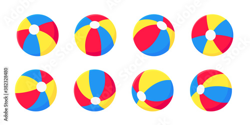 Bouncing inflatable beach ball flat style design vector illustration collection set isolated on white background. Retro styled inflatable toy for summer games or holidays.