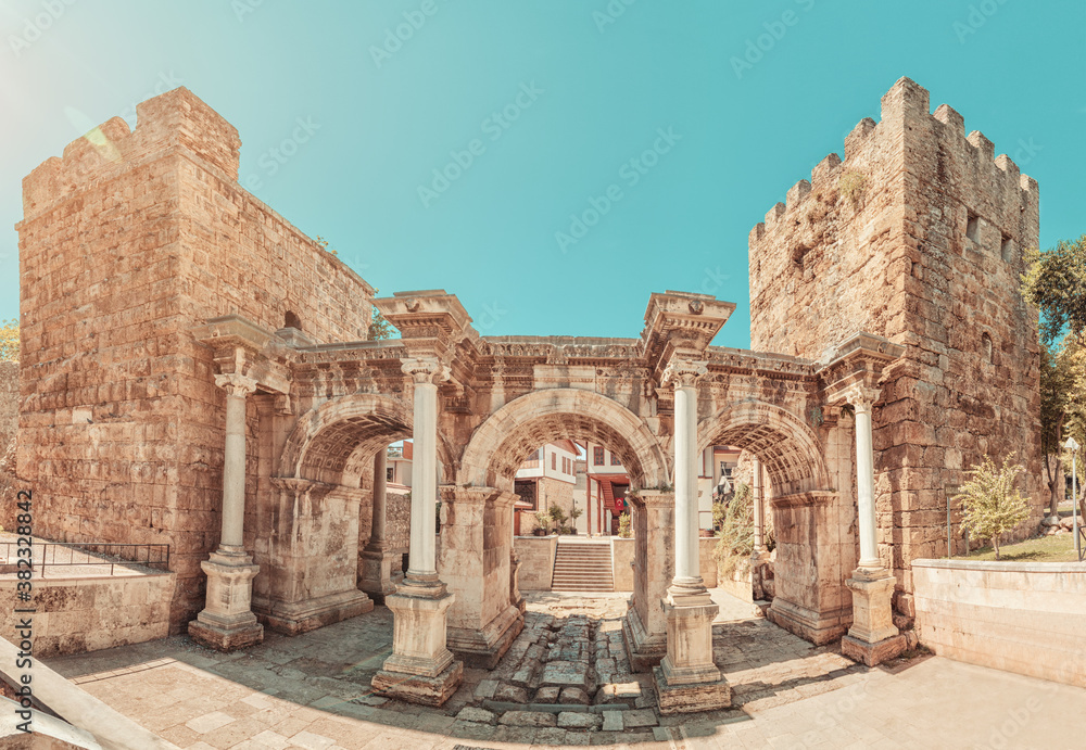 famous tourist and archaeological site of Antalya is The Emperor Hadrian's gate in the old city. Travel destinations and vacation in Turkey