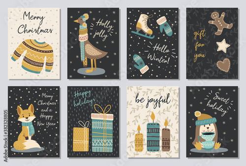 Set of modern hand drawn christmas gretting cards animals and other isolated elements. Vector illustration.