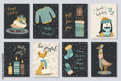 Set of modern hand drawn christmas gretting cards animals and other isolated elements. Vector illustration.