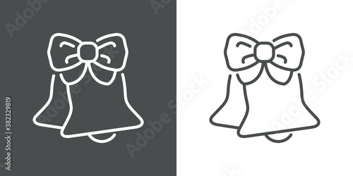 Decoración navideña. Logotipo lineal campanas de navidad con lazo en cinta en fondo gris y fondo blanco