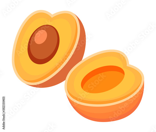 Apricot or peach icon. Fresh fruit isolated on white background. Healthy food. Half peach with bone cut. Organic natural gardening eating. Ripe sweet summer fruit. Orange fragrant fruit grows on tree