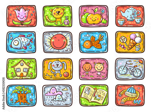 Colorful cards with different objects and animals for some game or task for kids