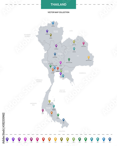 Thailand map with location pointer marks. Infographic vector template, isolated on white background.