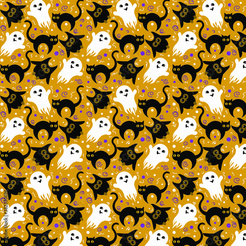 Halloween themed pattern with a cat owl and a Ghost on an orange background
