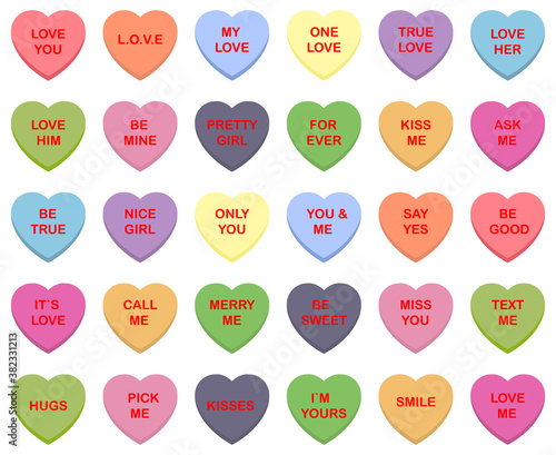 Sweet candy hearts. Mini-candies, talk about sweets for Valentine's Day, dishes from sugar hearts. set of different sweet heart candies isolated on white background. Vector