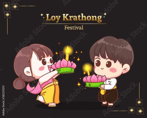 Loy krathong festival happy cute couple cartoon thai traditional set illustration logo. Premium Vector