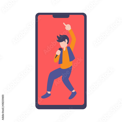 Flat element of person being dance in smart phone. Smart phone with dancing man wallpaper with flat style.