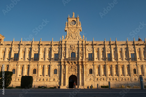 frontal view of San Marcos Monastery of the sixteenth century in San Marcos square in Leon, Spain, example of Renaissance architecture at sunset