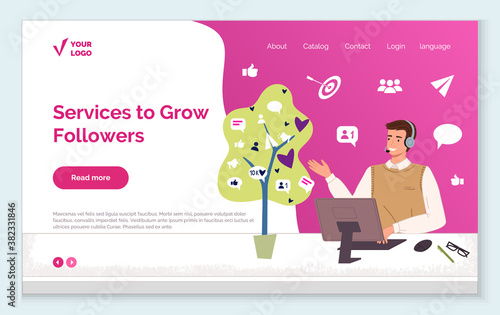 Engaging with followers. Services to grow followers and increase audience vector landing page, web page template. Generating new leads advertising strategy. Attracting followers, subscriber counting