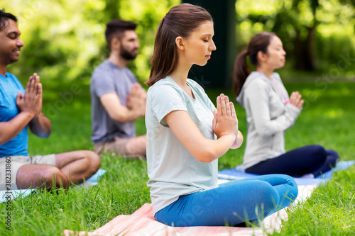 fitness, sport, yoga and healthy lifestyle concept - group of happy people meditating in lotus pose at summer park © Syda Productions