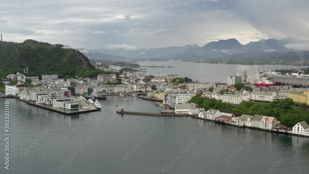 Alesund city establishing drone shot of town on west coast of Norway Alesund city establishing drone shot of town on west coast of Norway