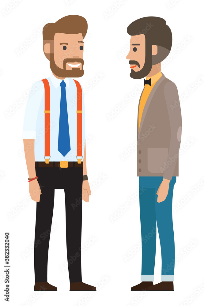 Modern businessmen. Man dressed in formal clothes set. Cartoon handsome bearded businessman in shirt with tie, suspender pants, bow tie. Set of male characters in business wear two office workers