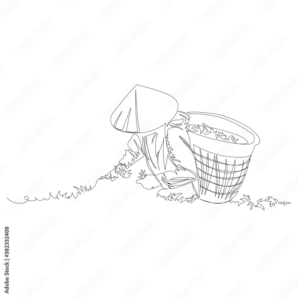 tea picker. vector contour image of a man on a tea plantation. one line ...
