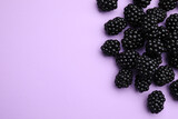 Tasty ripe blackberries on light violet background, flat lay. Space for text