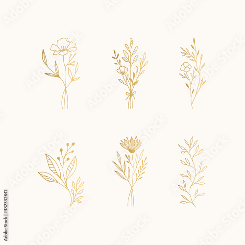 Set of hand drawn golden bouquets of flowers. Vector isolated illustration.