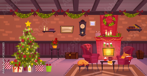 Christmas decorated room interior with chimney, x-mas tree, gifts, armchair, cat, carpet, clock. Winter house indoor background with brick wall, fireplace, wreath, box of presents. Christmas cozy room