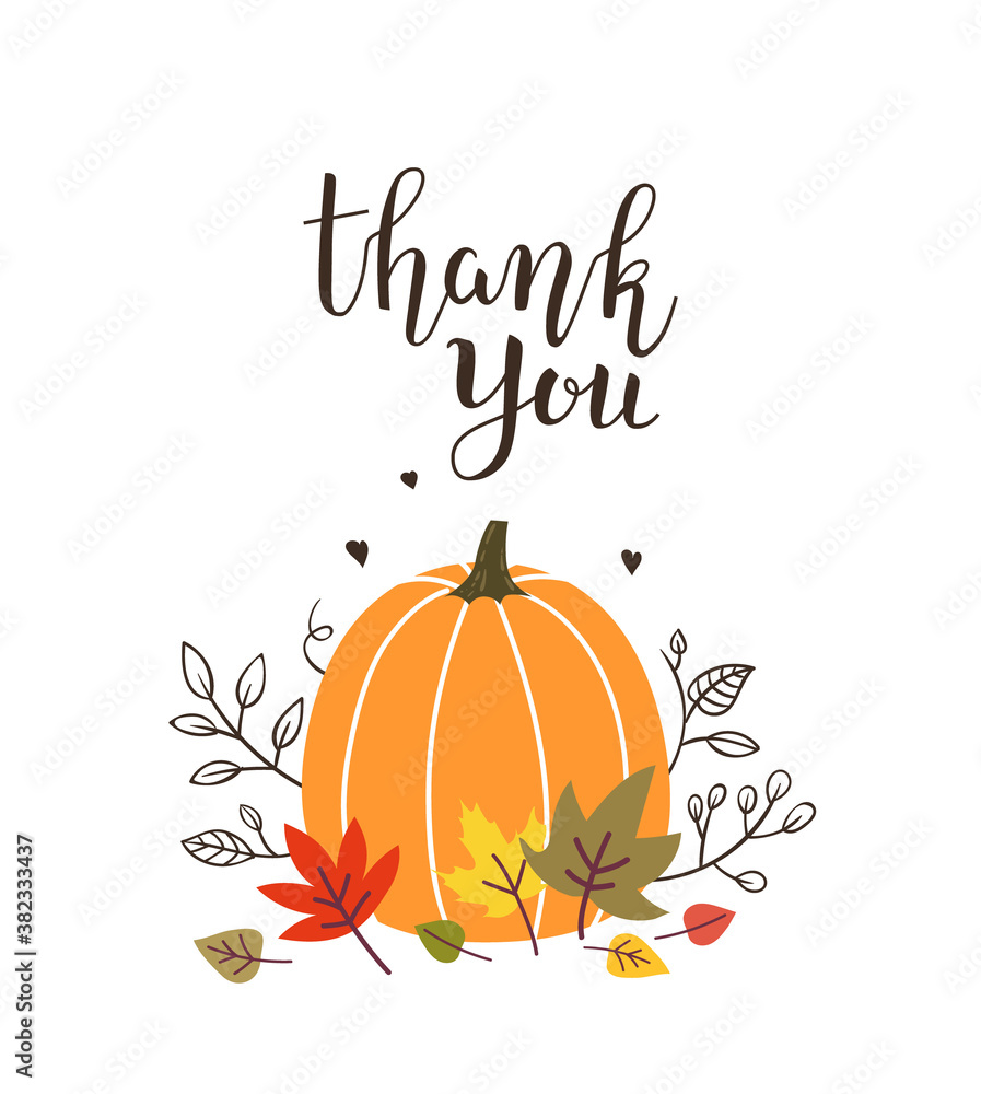 Thank you greeting card with pumpkin illustration and leaves. Thanksgiving greeting Thank you greeting card with pumpkin illustration and leaves. Thanksgiving greeting