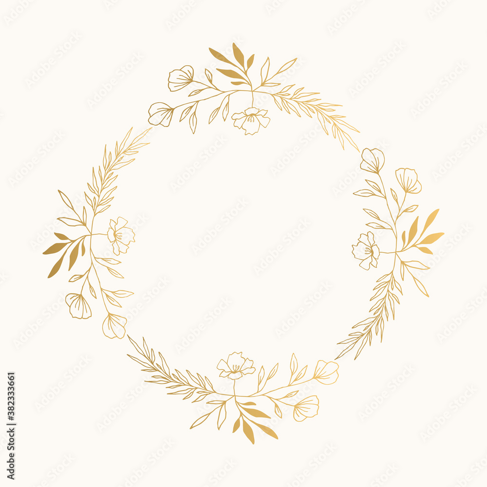 Botanical wreath with leaves and berries. Golden floral frame. Vector isolated illustration.