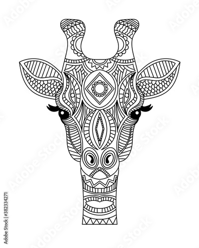 Giraffe head coloring book illustration. Antistress coloring for adults. black and white lines. Print for t-shirts and coloring books.