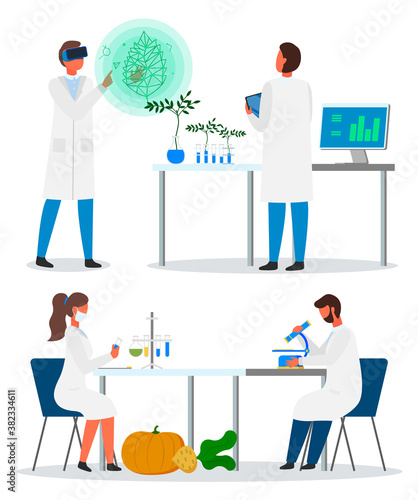 Set of illustrations. Laboratory experiments methods of plants breeding. Using virtual reality glasses. Exploring agricultural genetic with microscope. Researches engineers growing plants from tubes